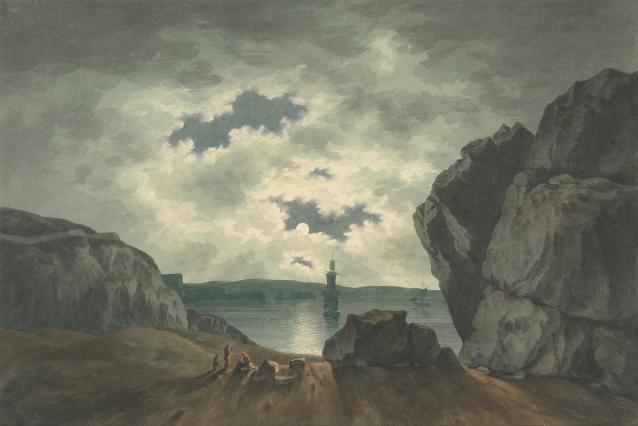 Bay Scene i Moonlight av John Warwick Smith