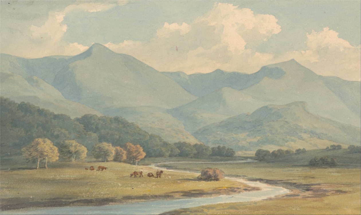 Carnen Llewelyn og Carnedd David, Carnarvonshire, sett over elven Ogwen av John Warwick Smith