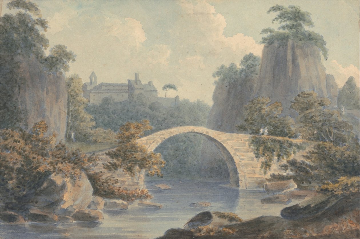 Elvelandskap med en enkelt buet bro av John Warwick Smith