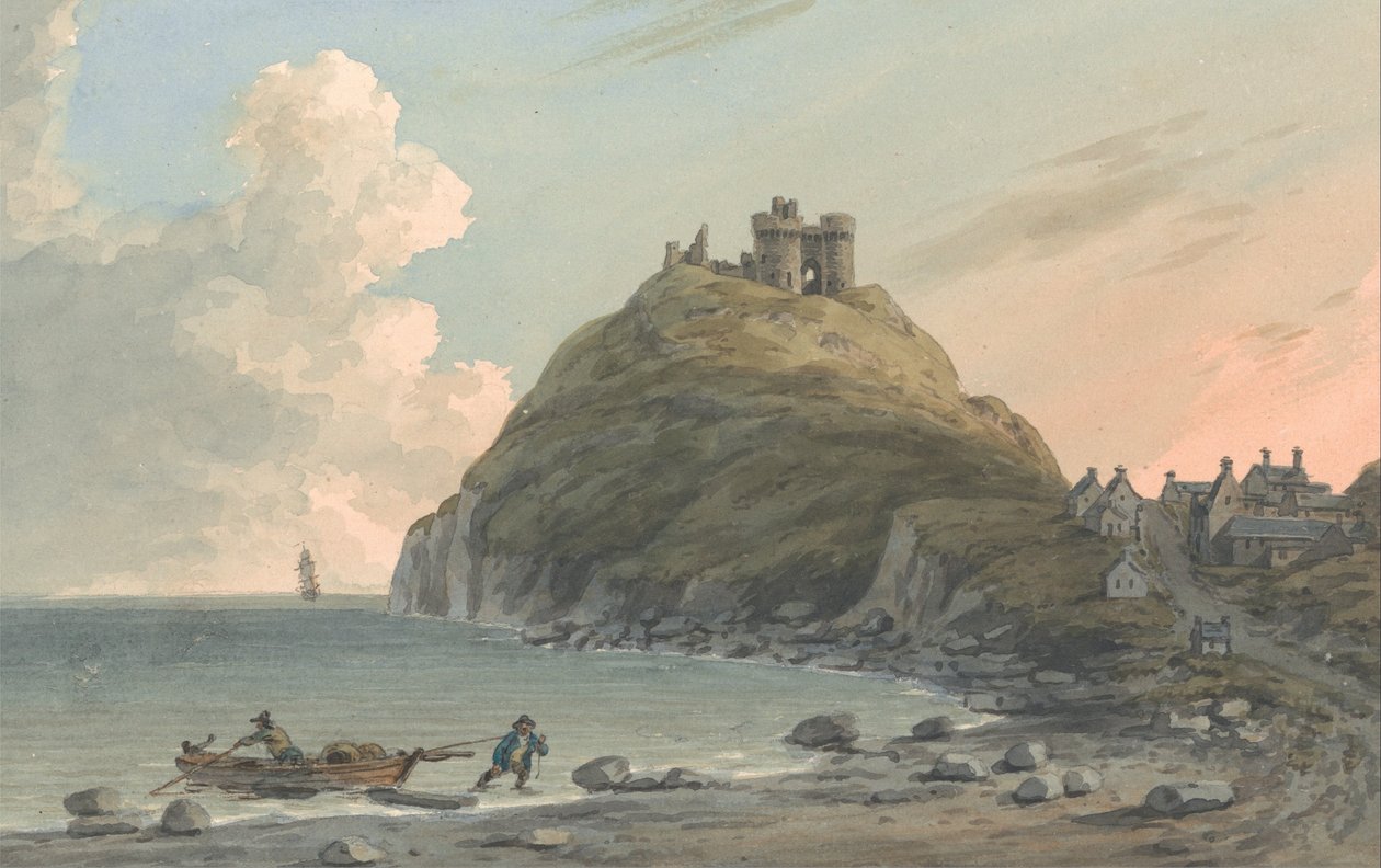 Ruiner av Criccieth Castle og en del av byen ved bukten på Cardigan. Eastview, Caernarvonshire. av John Warwick Smith
