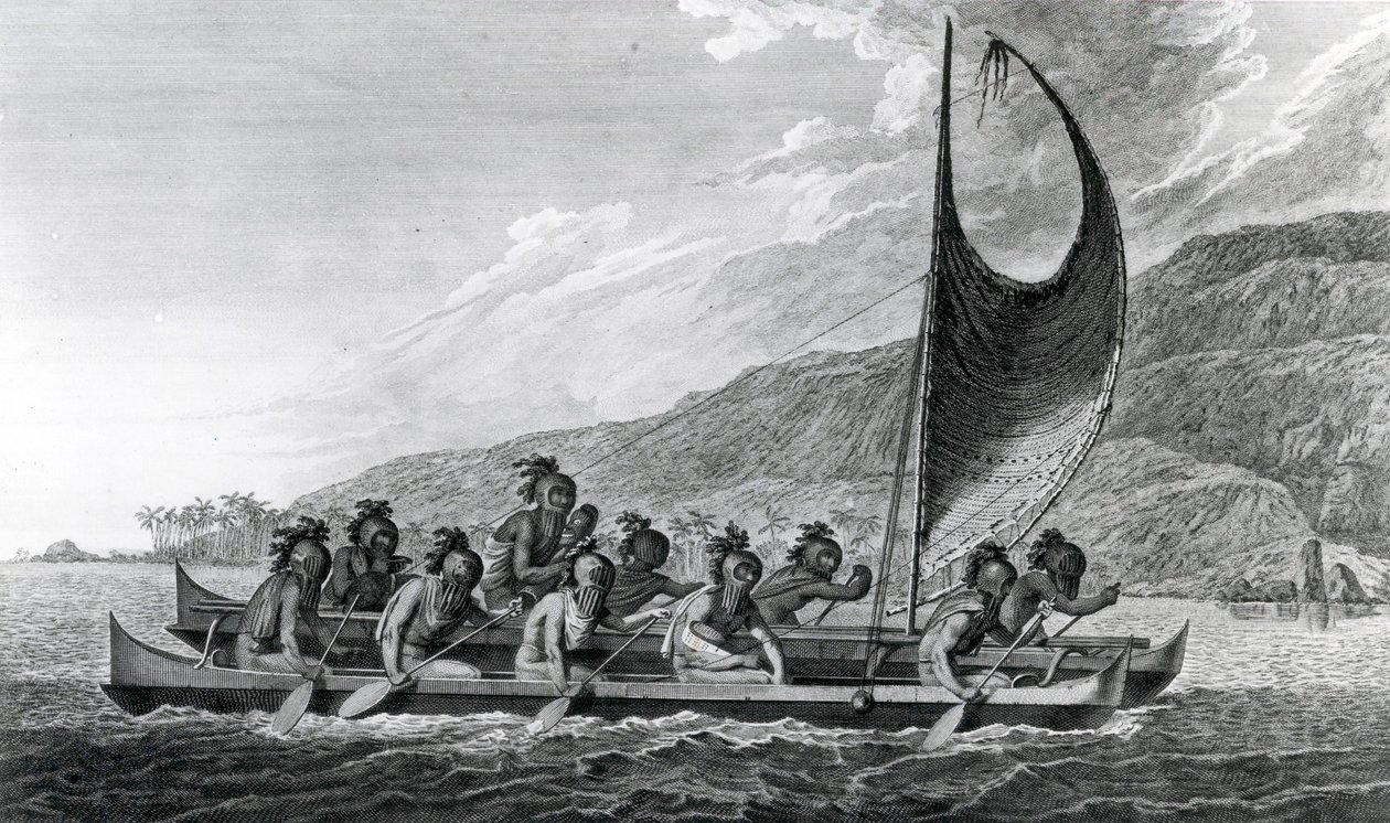 En kano av Sandwichøyene, med roerne maskerte, 1784 av John Webber