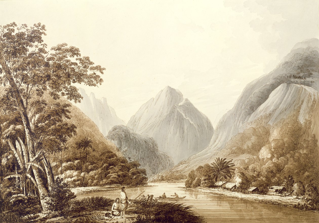 En utsikt i Oheitepeha Bay på øya Otaheite, fra "Views in the South Seas", pub. 1791 av John Webber