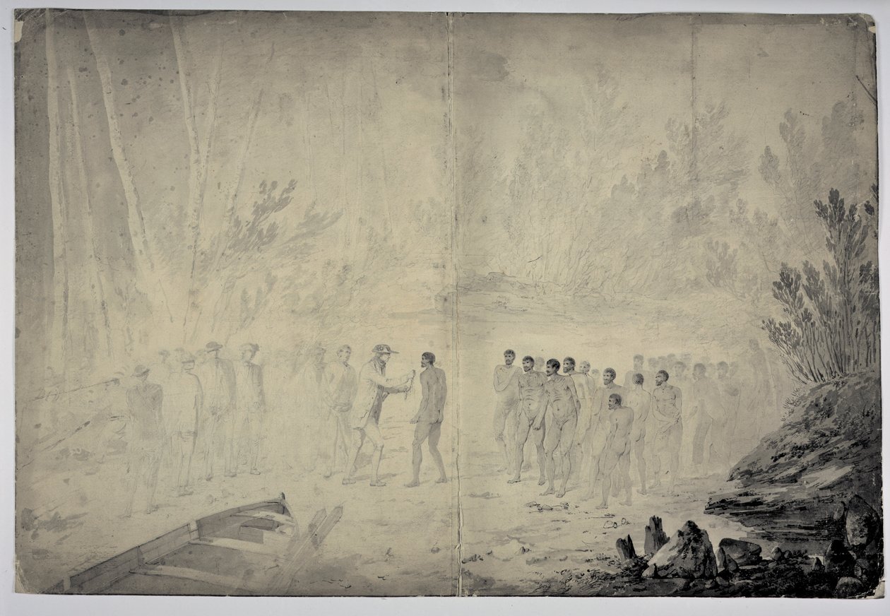 Kaptein Cooks intervju med innfødte i Adventure Bay, Van Diemens Land, 29. januar 1777, ca. 1777 (penn og blekk og grå vask på papir) av John Webber