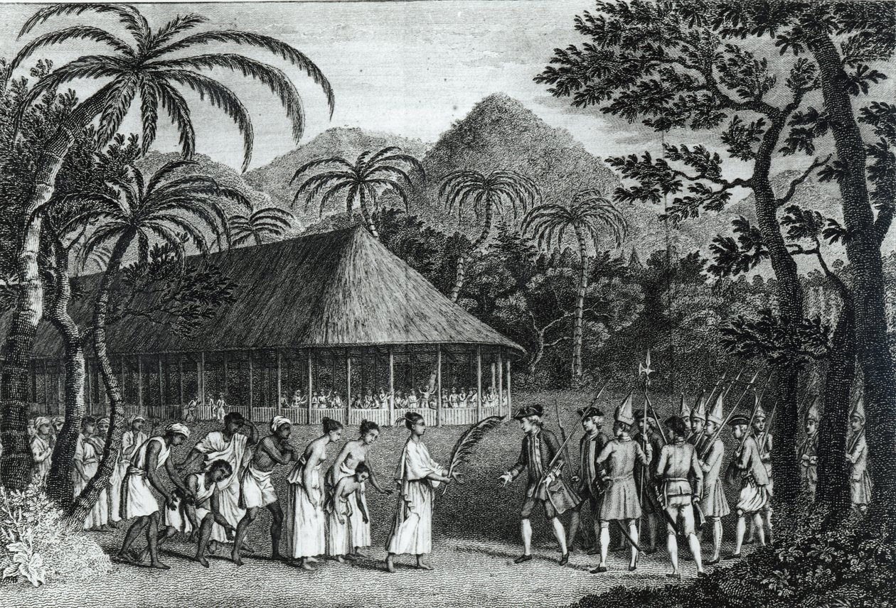 Kaptein Samuel Wallis (1728-1830) ble mottatt av dronning Oberea på øya Tahiti, fra 