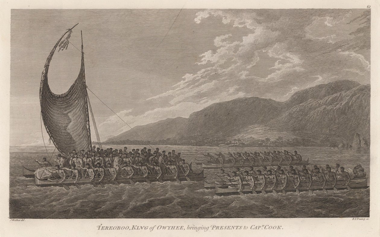 Kalaniopuu, kongen av Hawaii, og ga gaver til kaptein Cook. av John Webber
