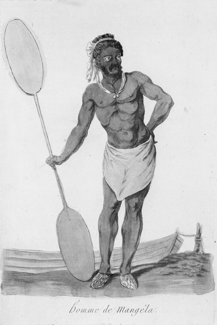 Stående portrett av en mann fra Mangaia, Cookøyene, som holder en padle i høyre hånd av John Webber