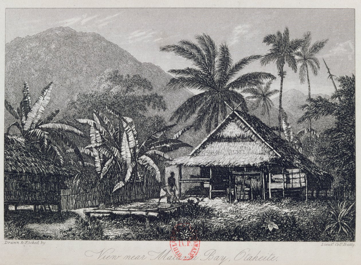 Utsikt nær Matavai Bay, Otaheite, gravert av oberstløytnant Batty, fra en beretning om reisen til HMS Bounty av John Barrow, 1835 av John Webber