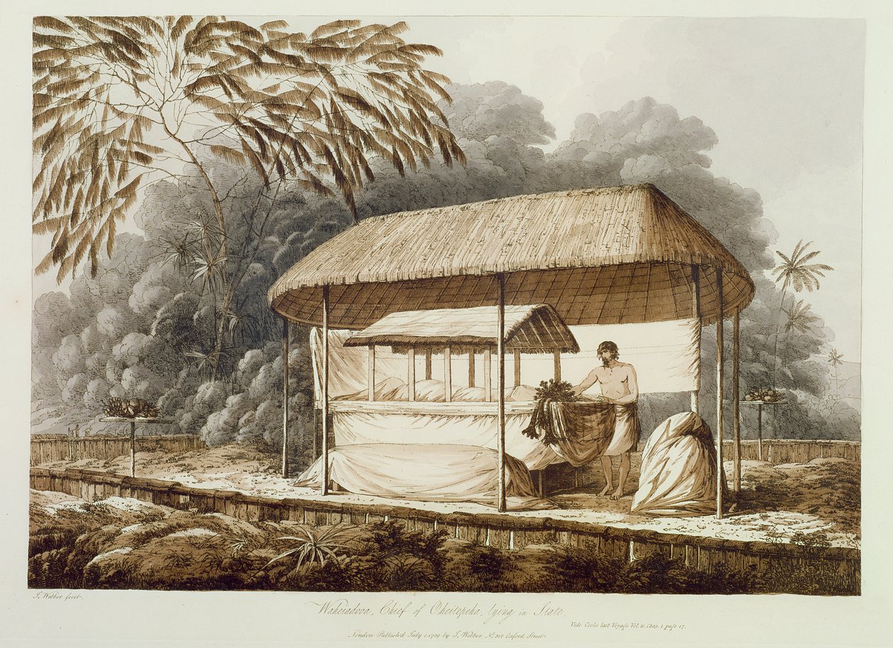 Waheiadooa, sjef for Oheitepeha, Ligger i staten, fra "Views in the South Seas", pub. 1789 av John Webber