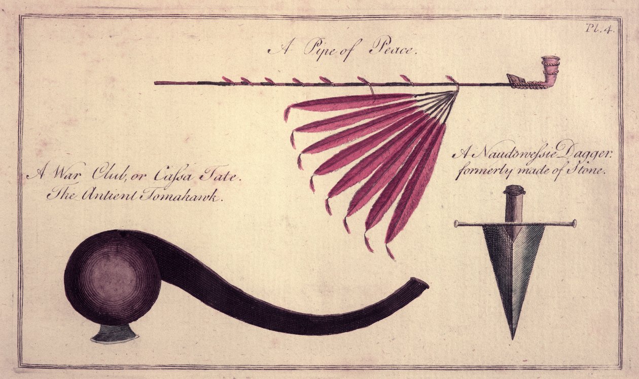 Gammel tomahawk, fredspipe og dolk, ca. 1590 av John White