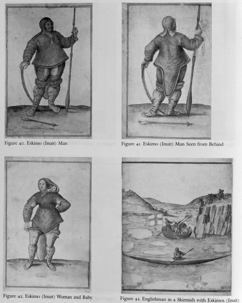 Eskimo (inuitt) mann; Eskimo (inuitt) mann sett bakfra; Eskimo (inuitt) kvinne og baby; Engelskmenn i trefning med eskimoer (inuitter) av John White