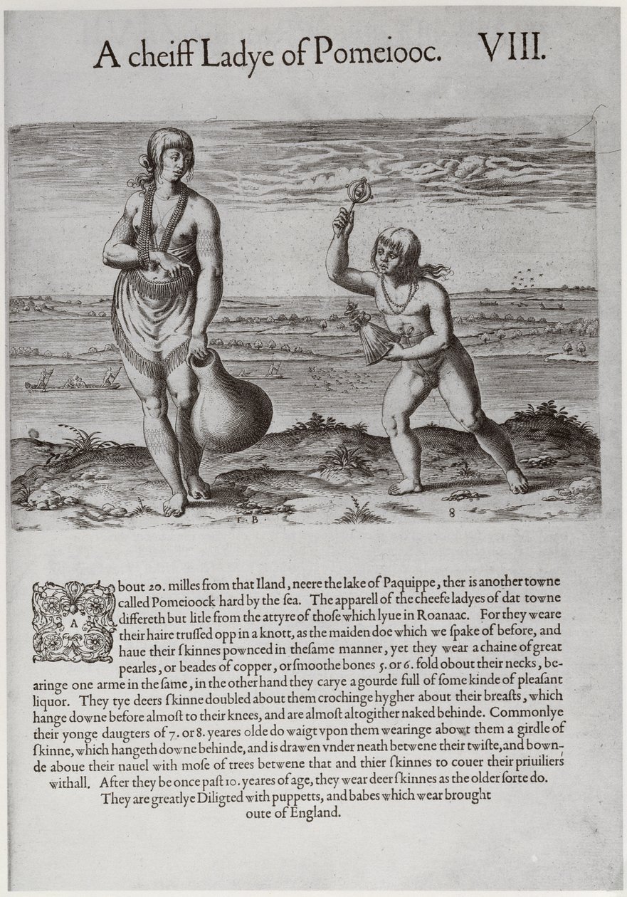 Indisk kvinne og ung jente, gravert av Theodor de Bry (1528-1598) av John White