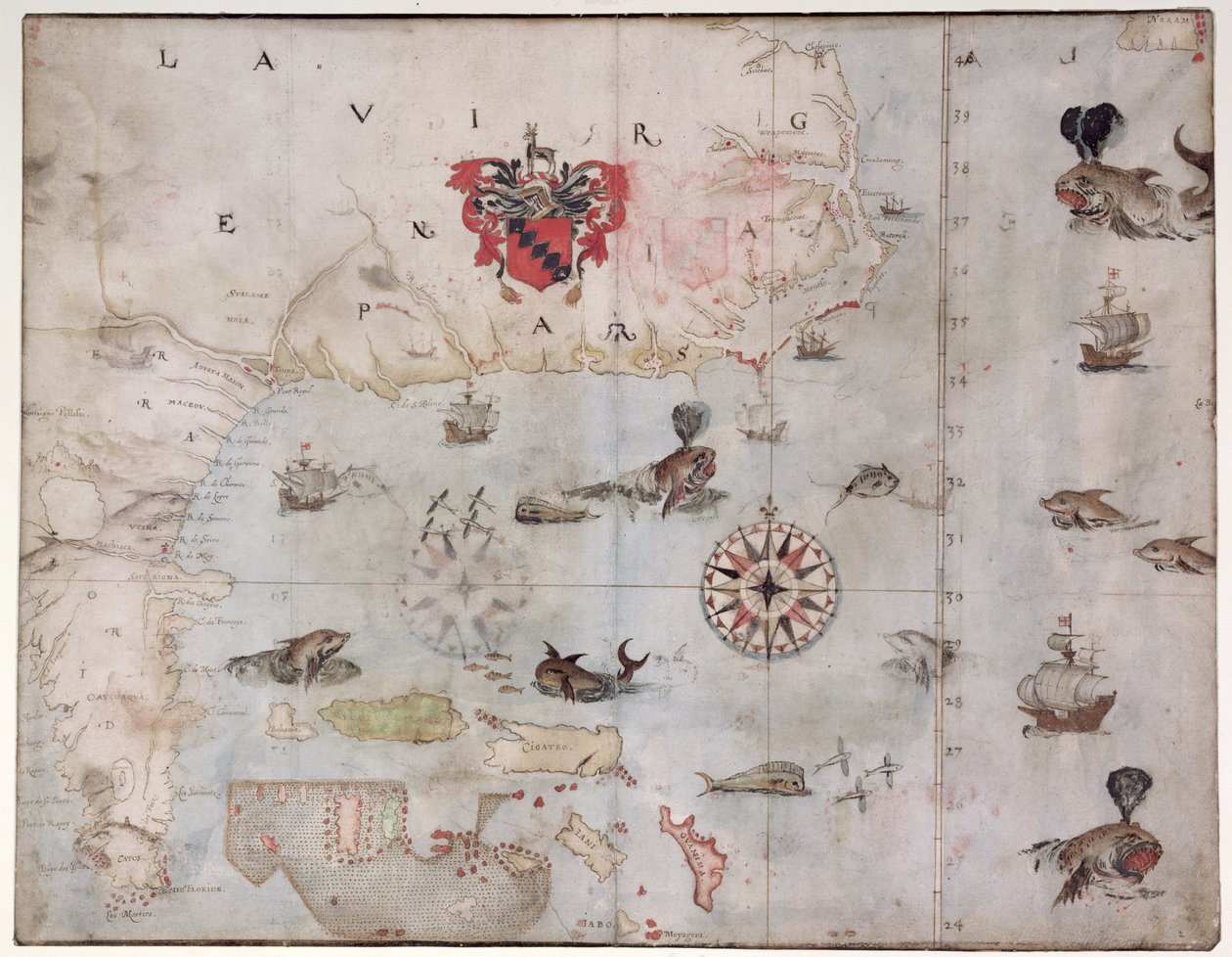 Kart over Øst-Nord-Amerika: Florida til Chesapeake Bay (litografi) av John White