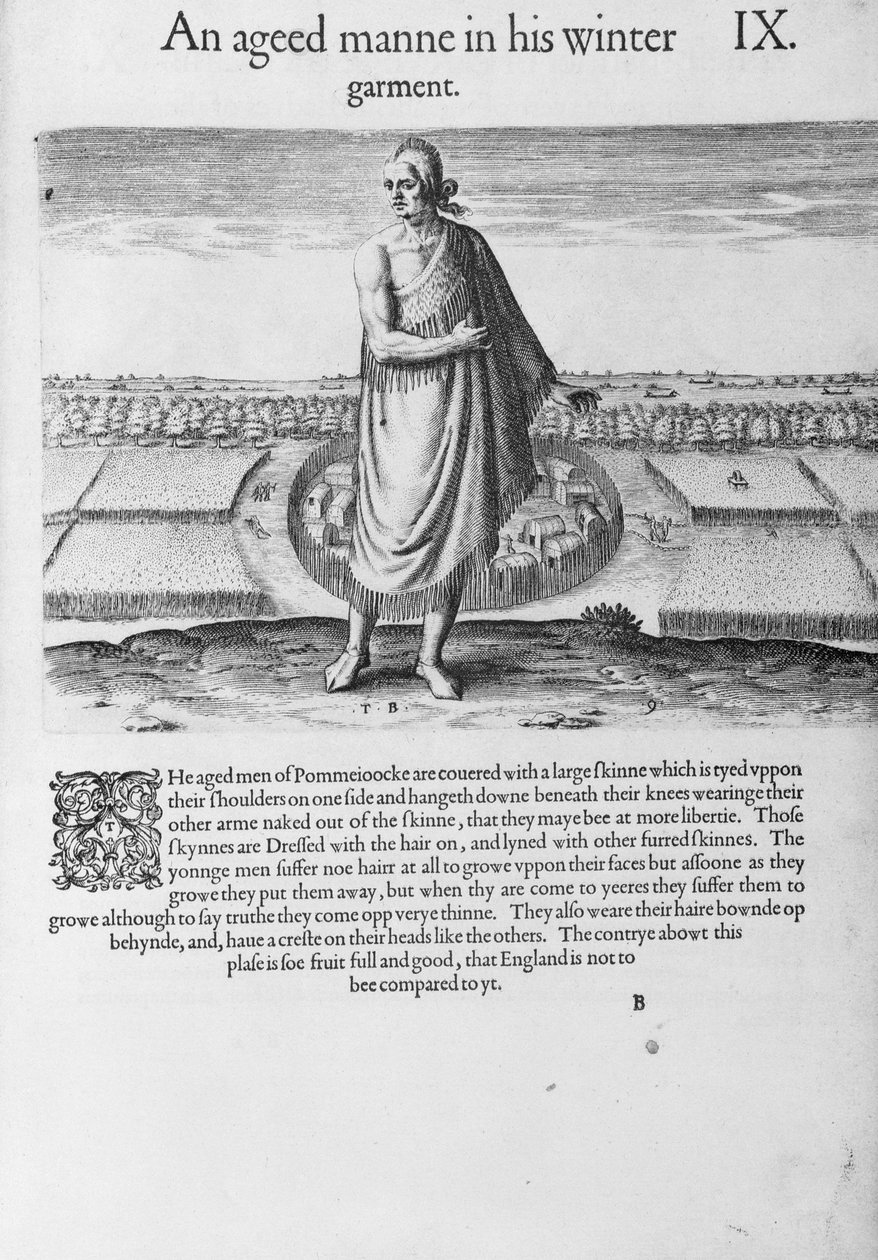 Old Indian Man in his Winter Garment, fra 'A Brief and True Report of the New Found Land of Virginia' av Thomas Harriot (1560-1621) gravert av Theodore de Bry (1528-1598) pub. i 1590 av John White