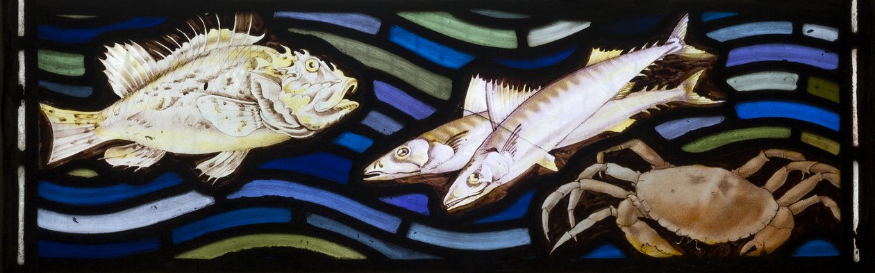 Fisk og krabber, Te Deum, østvinduet, ca. 1888 av John William Brown