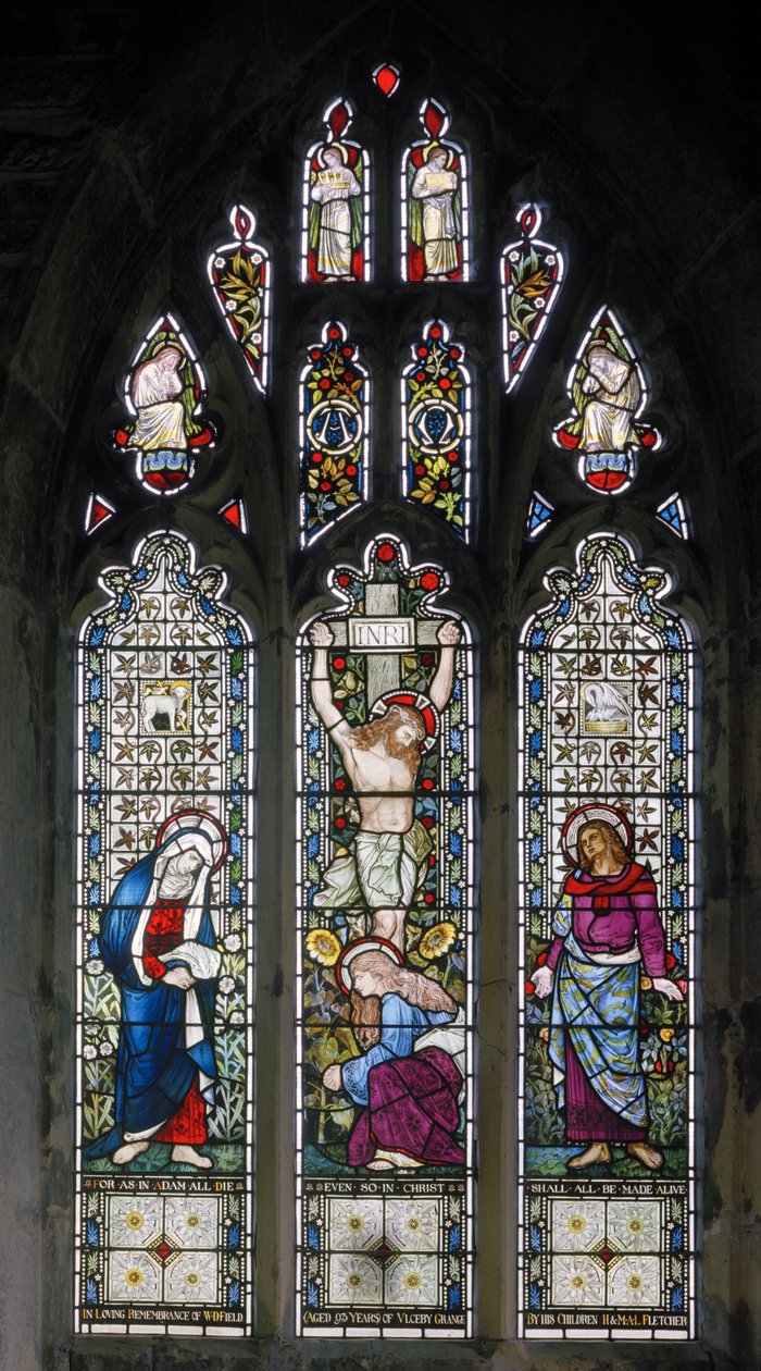 Ulceby, St Nicholas, James Powell & Sons, John William Brown (1842-1928), Crucifixion, The Virgin Mary, St John, Mary Magdalene, 1876 av John William Brown