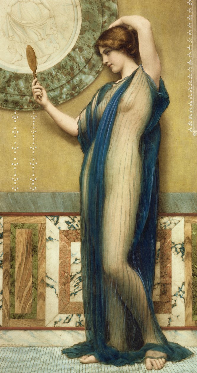 A Fair Reflection (håndfarget fotogravering) av John William Godward