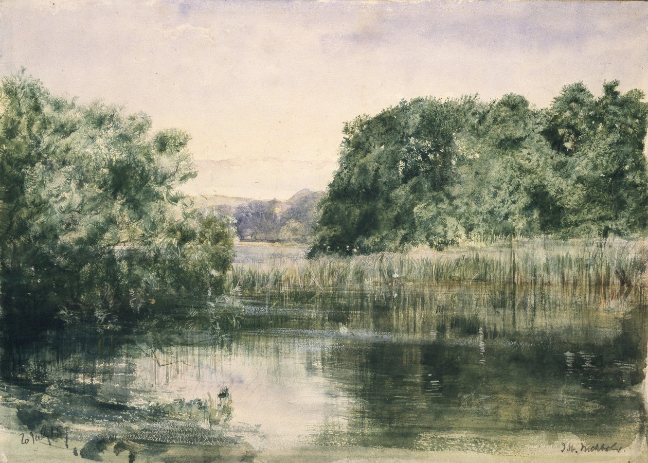 Utsikt over en innsjø med trær, 1857 (akvarell på papir) av John William Inchbold