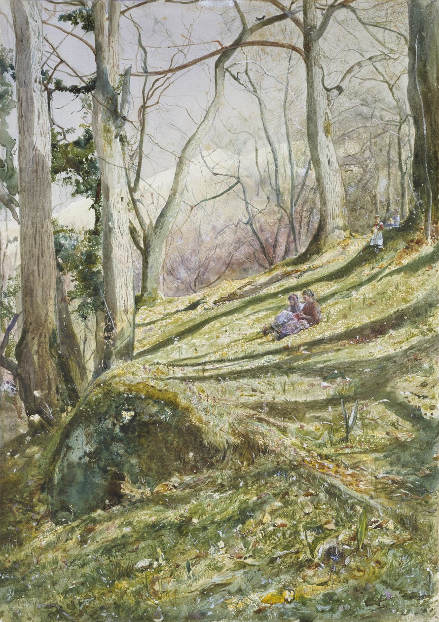 Skogkledd skråning med fire figurer (akvarell på papir) av John William Inchbold