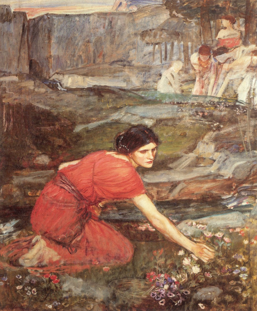 Jomfruer plukker blomster ved en bekk av John William Waterhouse