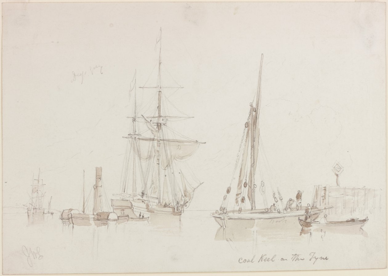 Coal Keel on the Tyne (blyant og akvarell (monokrom) på papir (krem)) av John Wilson Carmichael