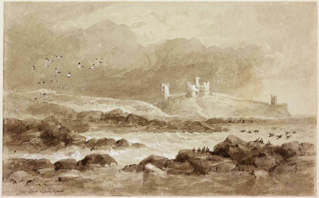 Dunstanburgh fra sør (kroppsfarge (hvit) og blekk (sepia) på papir) av John Wilson Carmichael