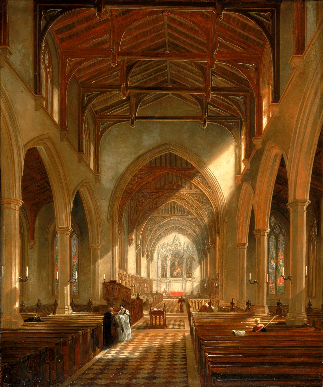 Interiør av St. Peters kirke, Newcastle upon Tyne (olje på papir) av John Wilson Carmichael
