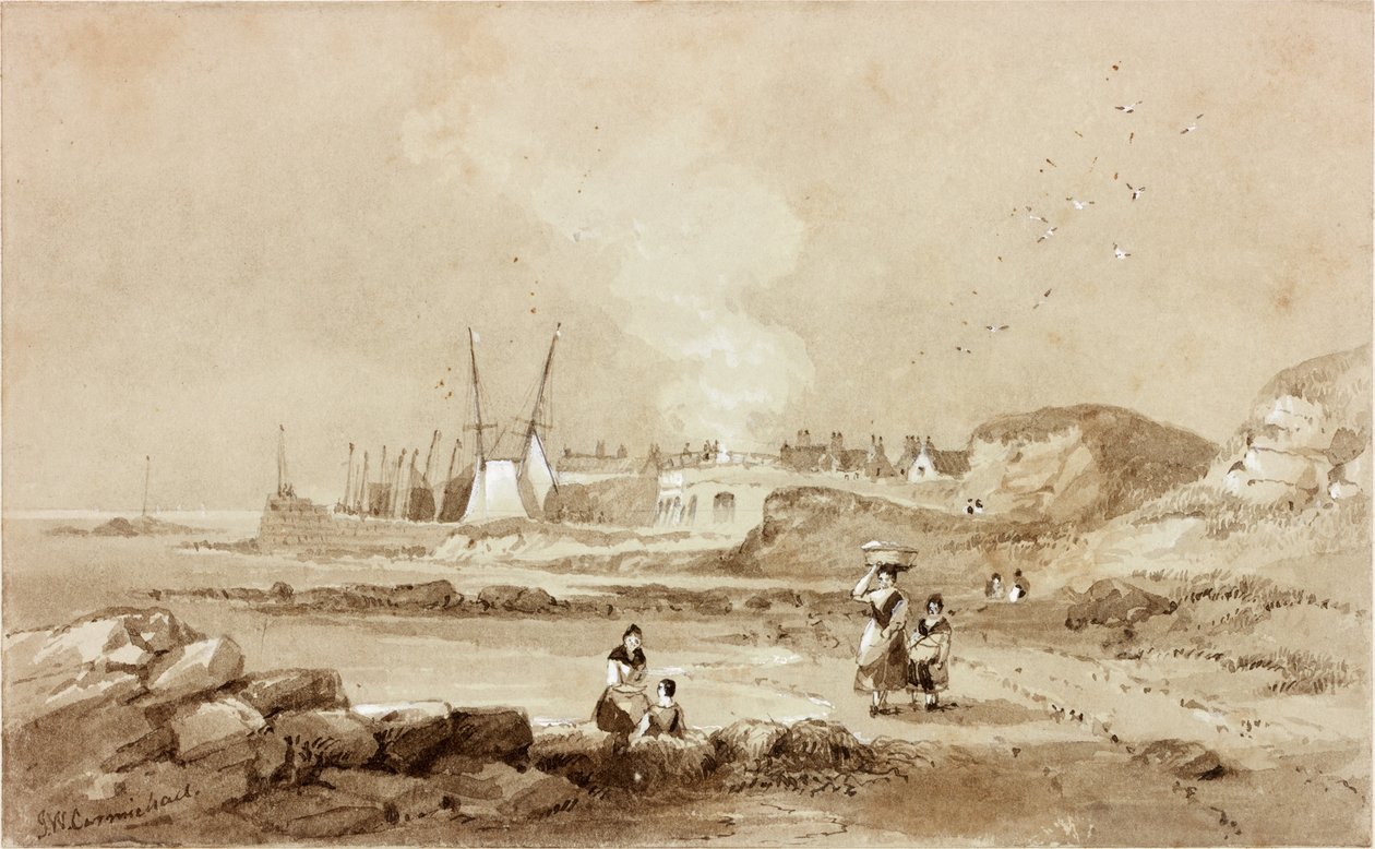 North Sunderland, Northumberland (blekk (sepia) på papir) av John Wilson Carmichael