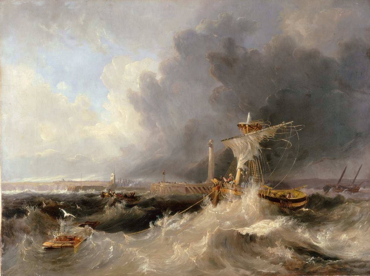 Sunderland Old Pier and Lighthouse med Ryhope Church i avstand, 1840 av John Wilson Carmichael