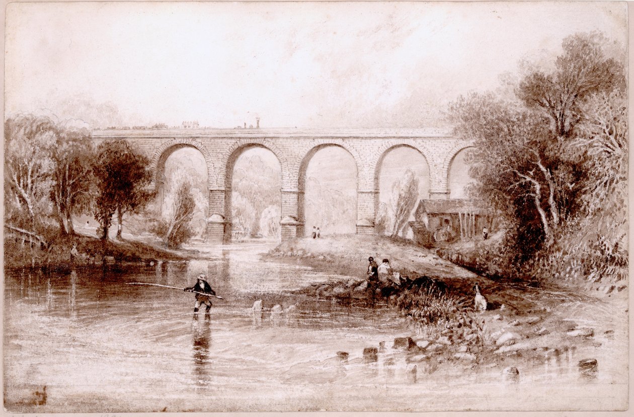 Wetheral Bridge, 1836 (wc og blekk på papir) av John Wilson Carmichael