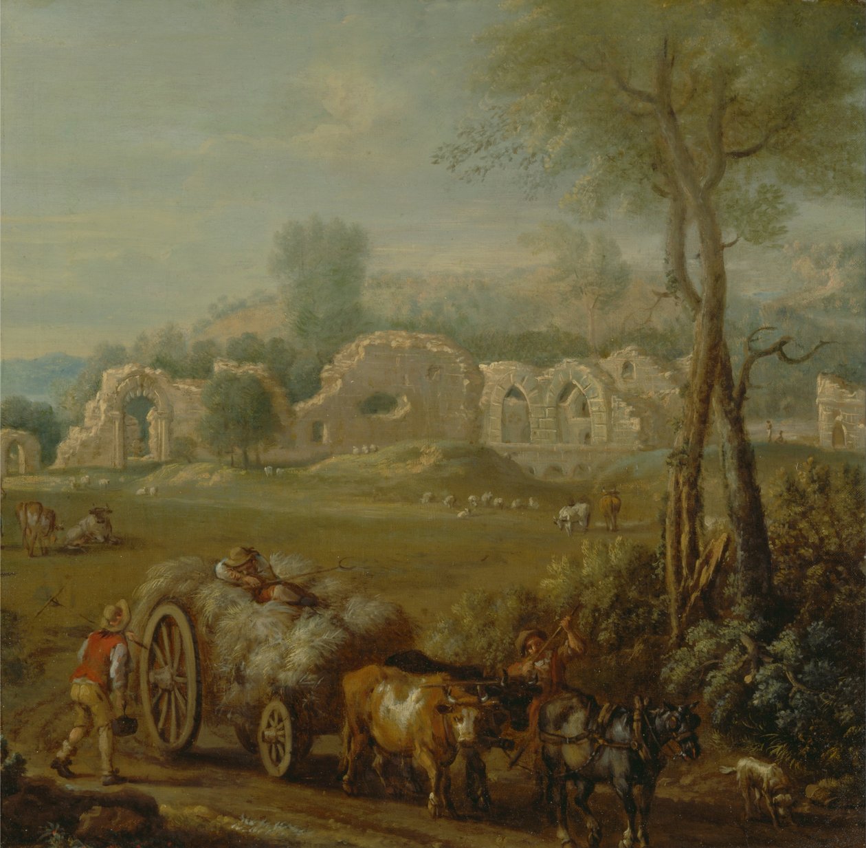 Haycart passerer et ødelagt kloster av John Wootton
