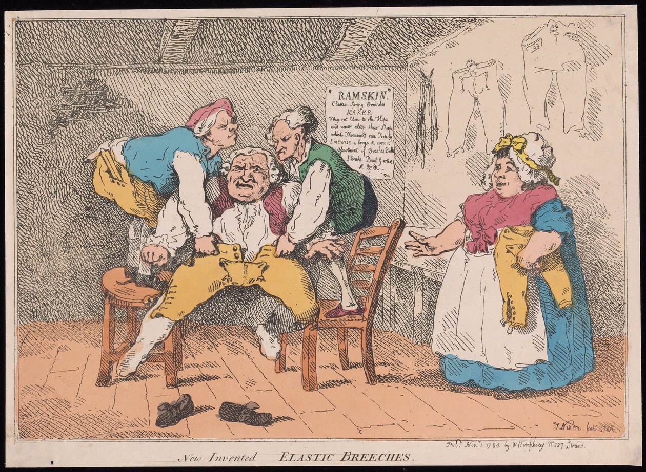 New Invented - Elastiske ridebukser, pub. 1784 (håndfarget gravering) av John after Nixon