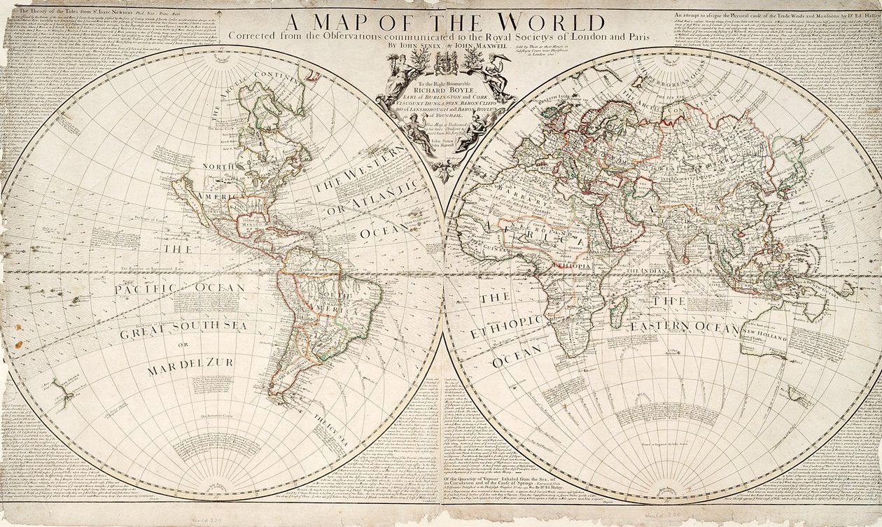 Et kart over verden, korrigert fra observasjonene kommunisert til Royal Societies of London og Paris, til høyre ærede Richard Boyle, 1711 (fargegravering) av John Senex