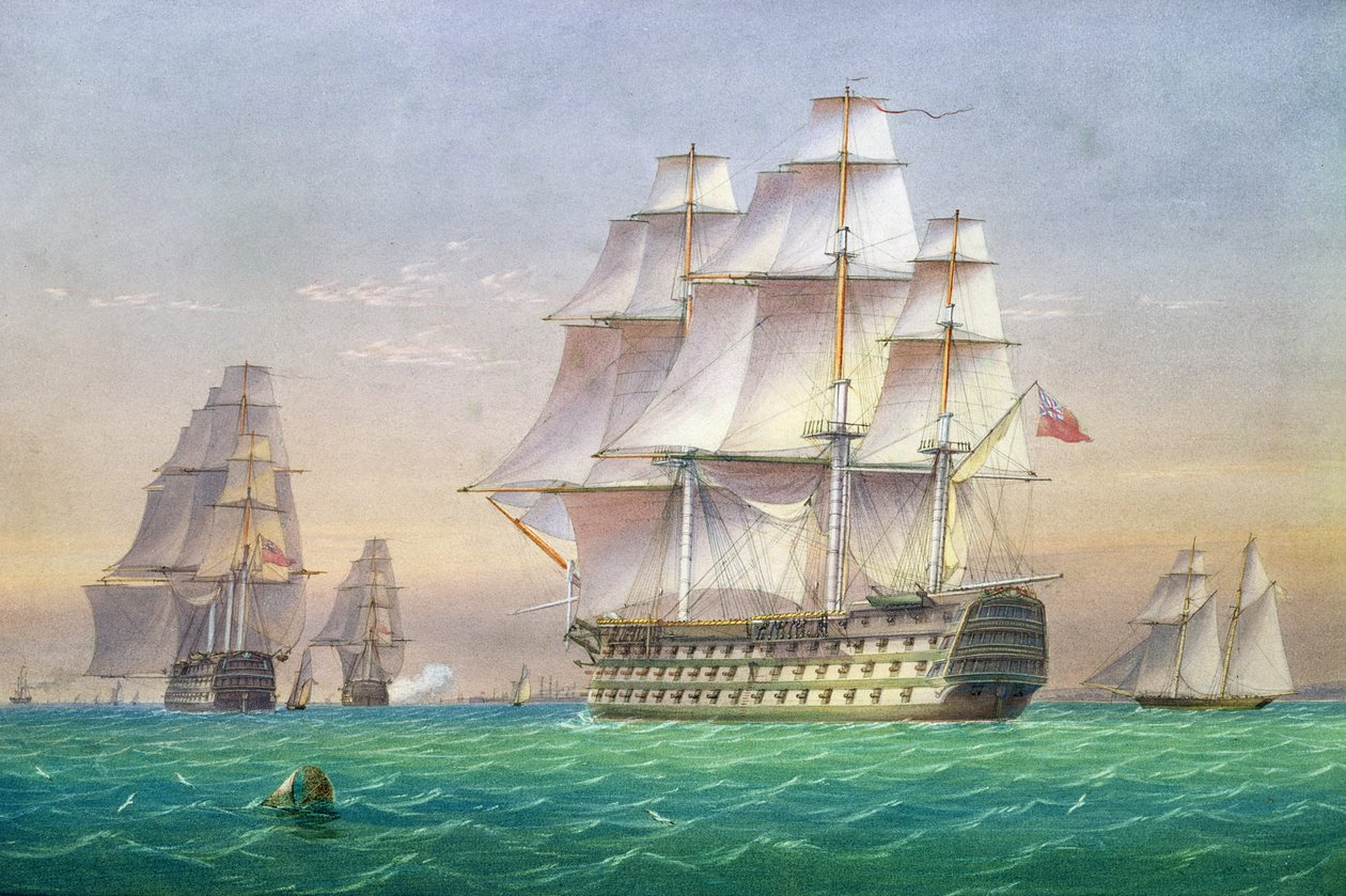 Tre førsteklasses skip på linjen som går inn i Portsmouth havn av John and William Joy