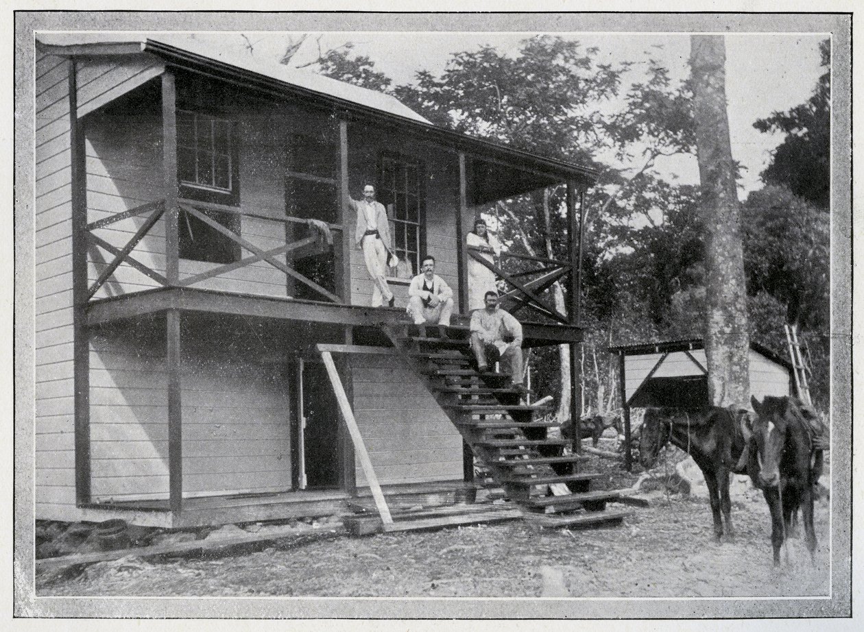 Robert Louis Stevenson og hans kone, Fanny, på verandaen til huset deres i Vailima, Samoa, ca. 1892 av John of Apia Davis
