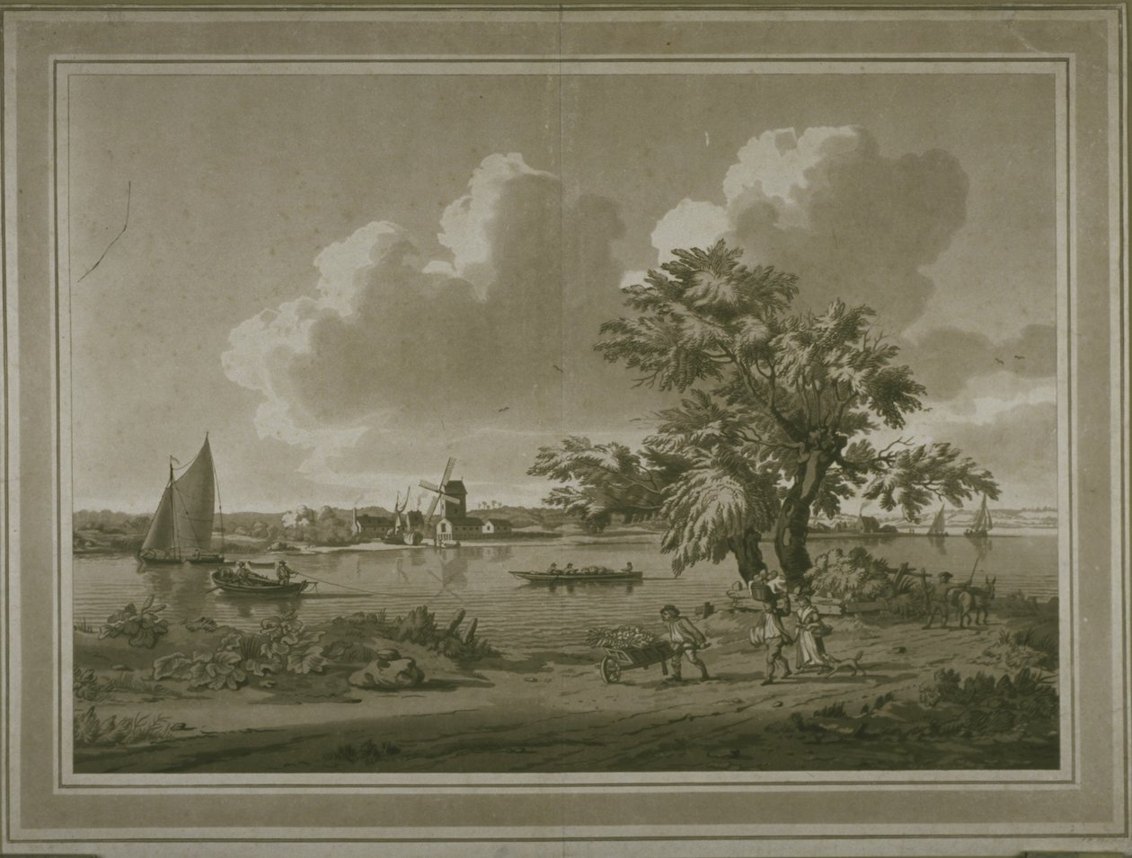 Figurer som frakter grønnsaker langs bredden av Themsen (akvatint) av John the Elder Cleveley