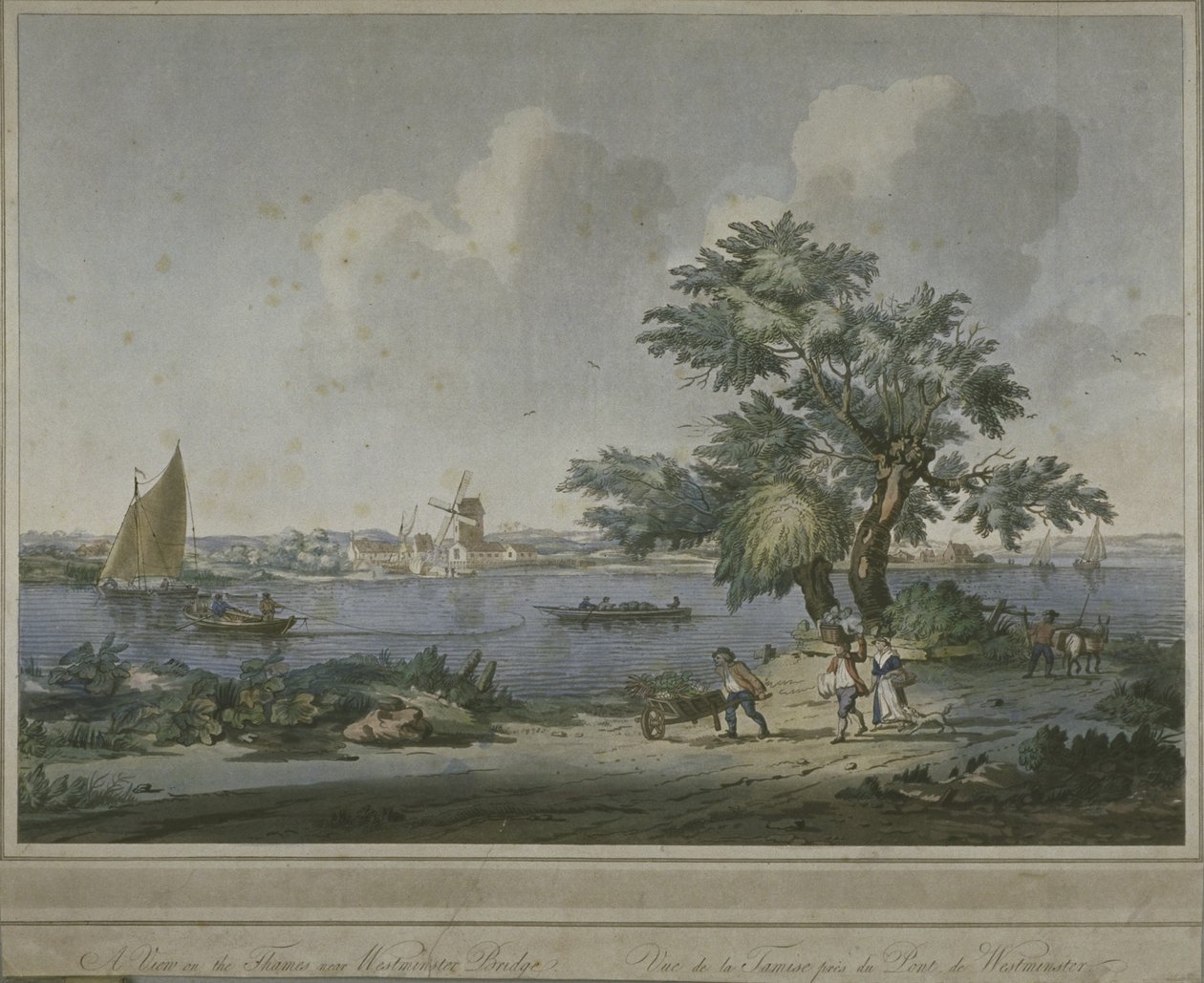 Utsikt over figurer som transporterer grønnsaker langs bredden av Themsen, 1787 (akvatint) av John the Elder Cleveley