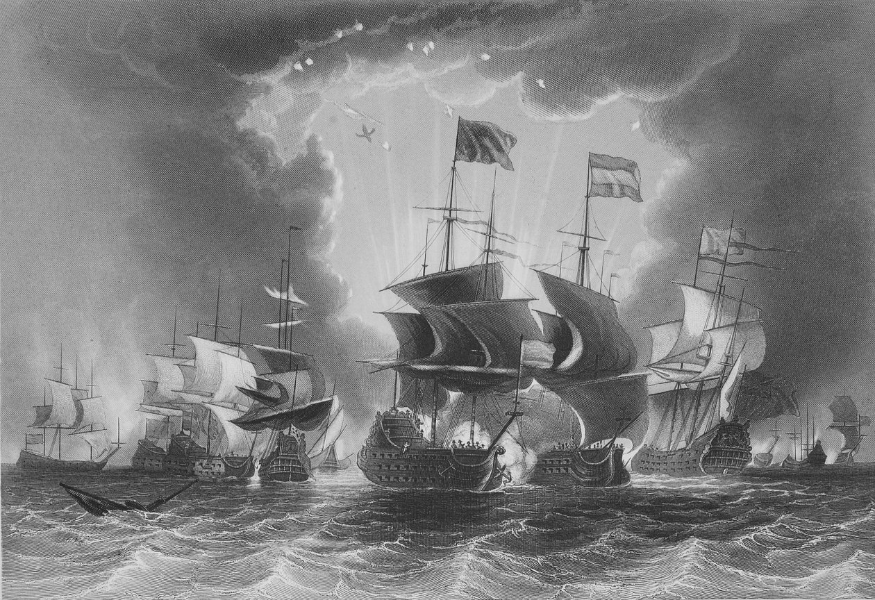 Nederlag av den nederlandske flåten av admiral Blane, gravert av W. French av John the Younger Cleveley