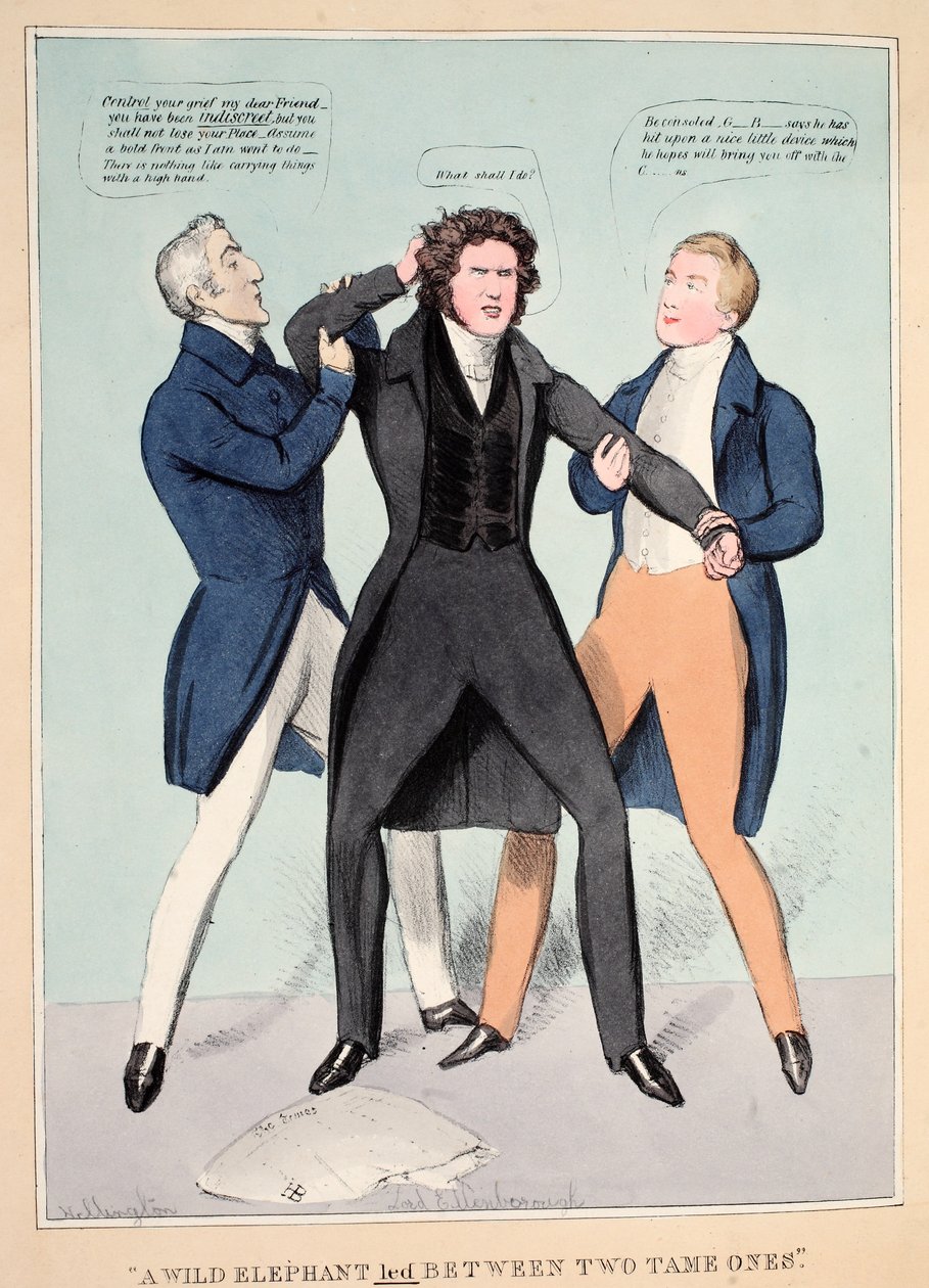 "En vill elefant ledet mellom to tamme", pub. 1830 (håndfarget gravering) av John  Doyle