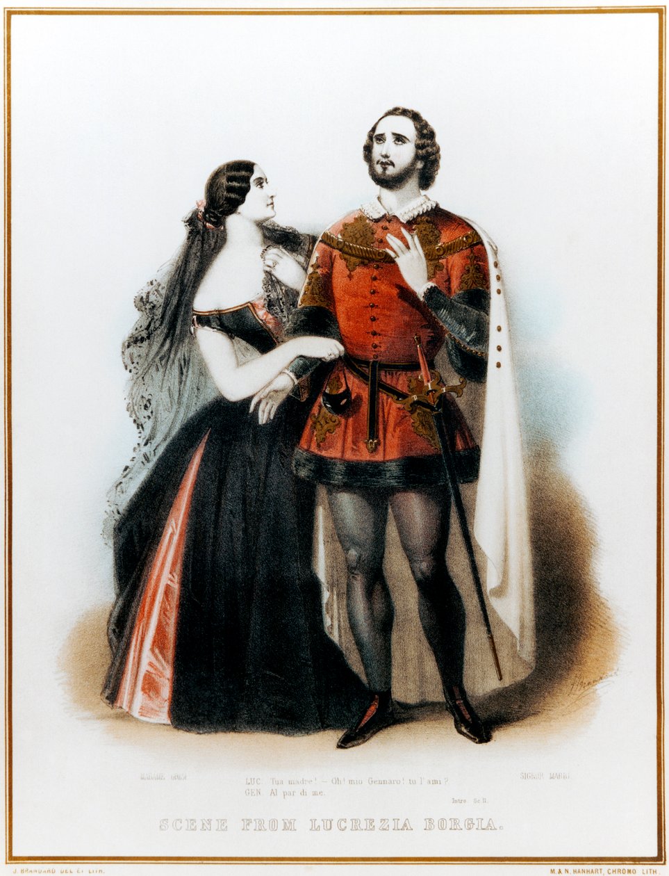 Gaetano Donizettis Opera Lucrezia Borgia - Introduksjon til Scene II med Mario (italiensk tenor: 1810-1883) og Grisi (1811-1869) i London, HM Theatre Production, 6. juni av John (after) Brandard