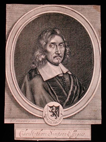 Portrett av Christopher Simpson (ca. 1605-69) (gravering) av John (after) Carwarden