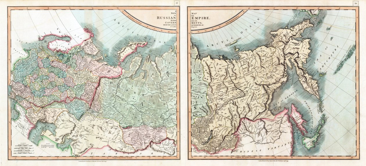 Kart over det russiske imperiet delt inn i dets regjeringer par Cary, John (ca. 1754-1835). Etsning, akvarell av John (after) Cary
