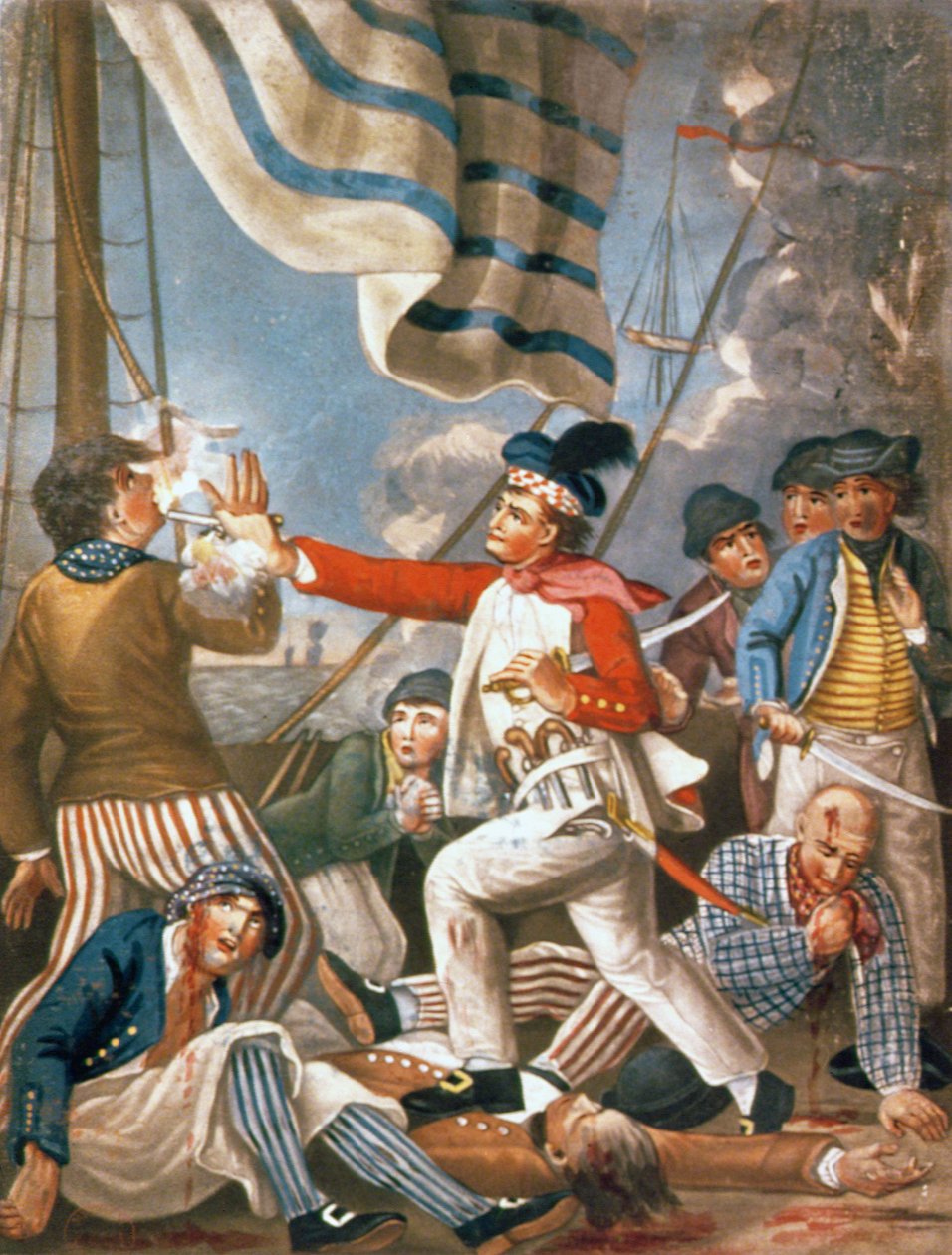 John Paul Jones skjøt en sjømann som hadde forsøkt å slå fargene hans i en forlovelse, pub. av Carrington Bowles av John (after) Collet