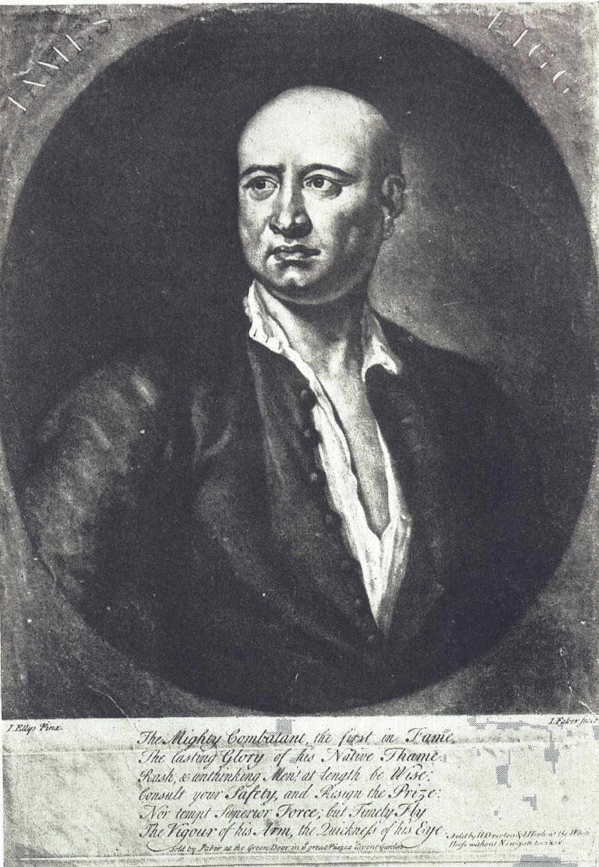 James Figg, første engelske boksingmester med bare knoke, døde 1734 (gravering) av John (after) Ellys