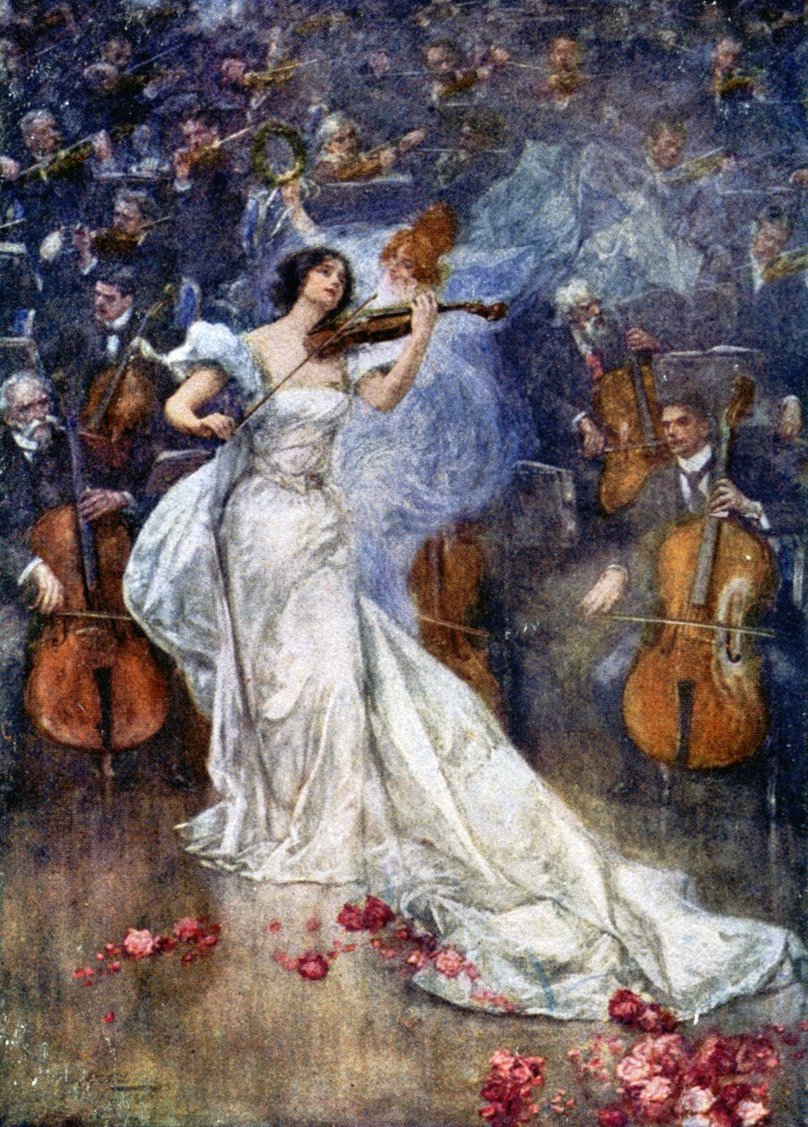 Musikk. En fiolinkonsert. Illustrasjon av Gulich, Tsjekkia, ca. 1900 (postkort) av John (after) Gulich