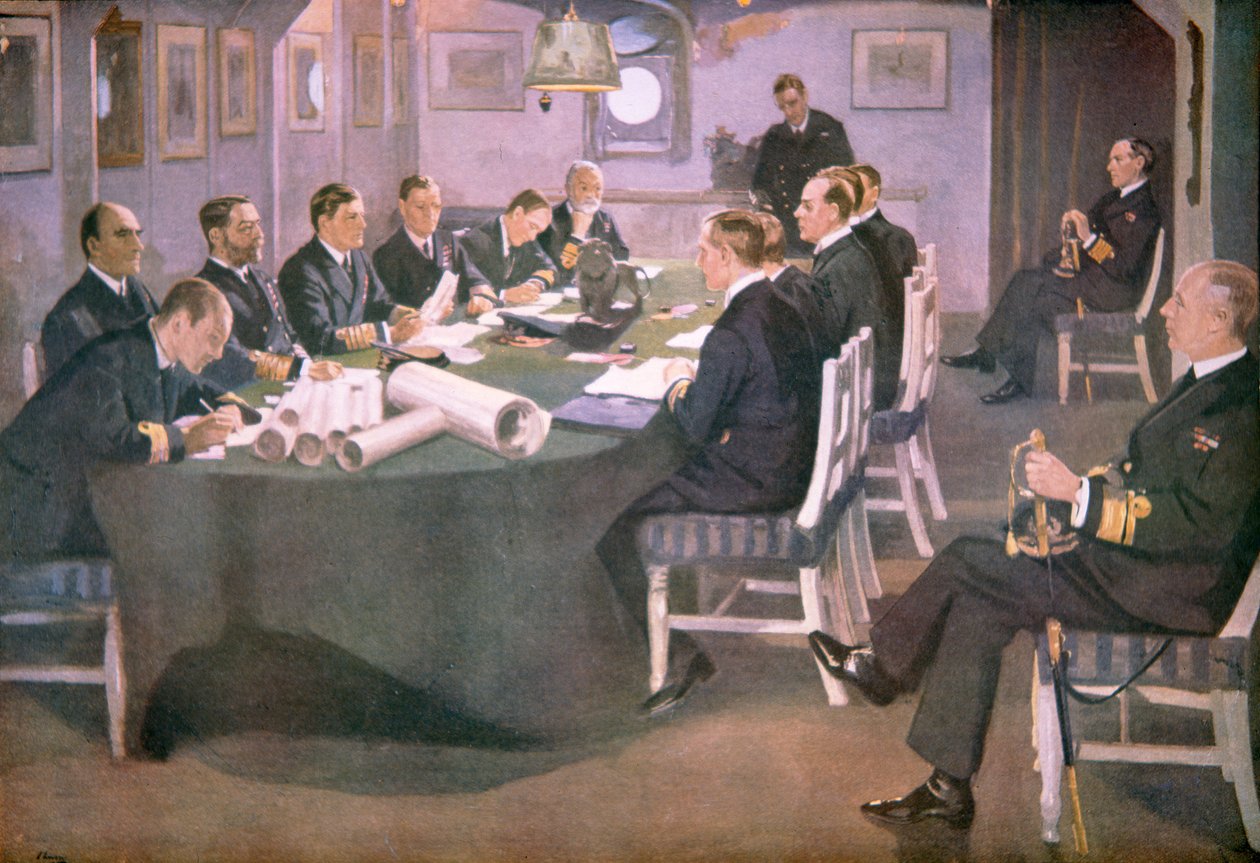 Admiral Sir David Beatty leser vilkårene for våpenhvilen for de tyske delegatene om bord på HMS Queen Elizabeth på Rosyth av John (after) Lavery