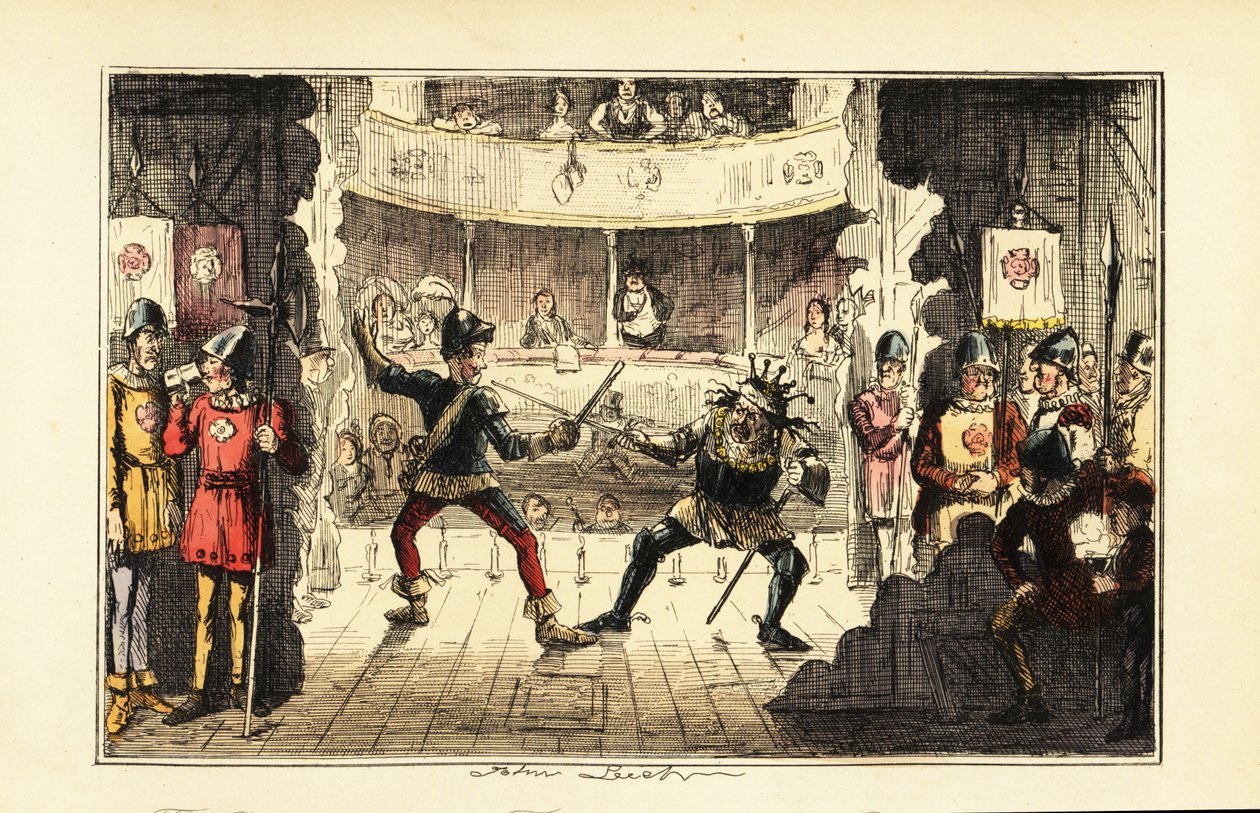 Skuespillere som spiller Henry Tudor som kjemper mot kong Richard III av England på scenen i et teater av John (after) Leech