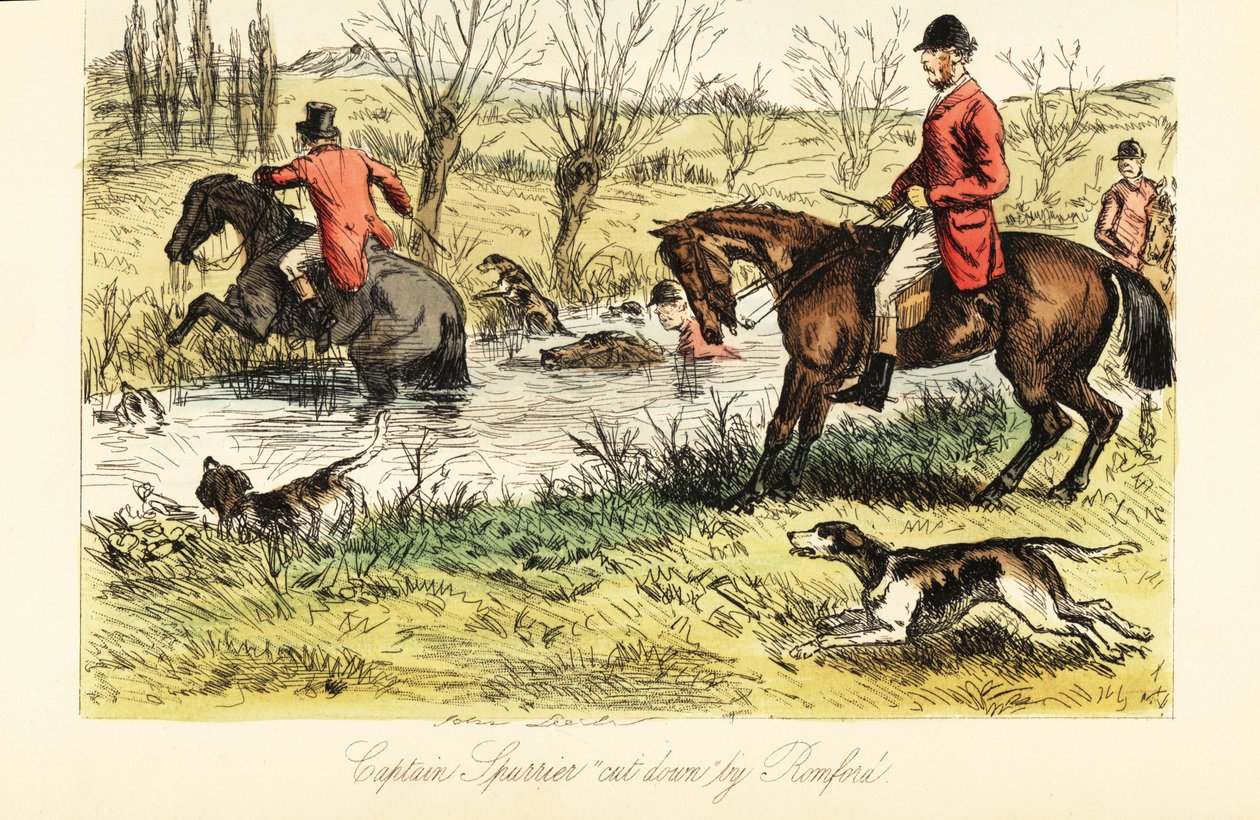 Engelsk jeger som forser en elv med revehunder av John (after) Leech