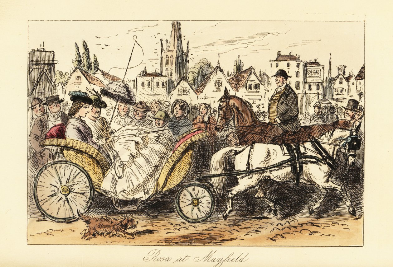 Engelsk dame i krinolinkjole med parasoll kjører en ponnitrukket kurv-vogn gjennom de travle gatene i en liten by av John (after) Leech