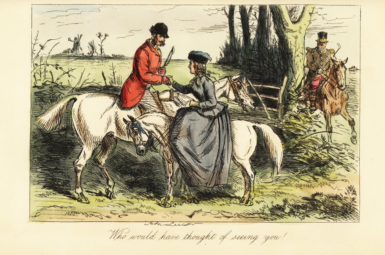 Gentleman på en gammel nagle og dame på en ponni møtes under en revejakt av John (after) Leech
