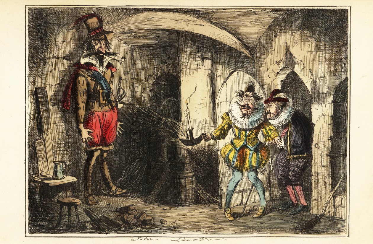 Guy Fawkes, leder av kruttplanen, fanget i kjelleren til Houses of Parliament, 5. november 1604 av John (after) Leech